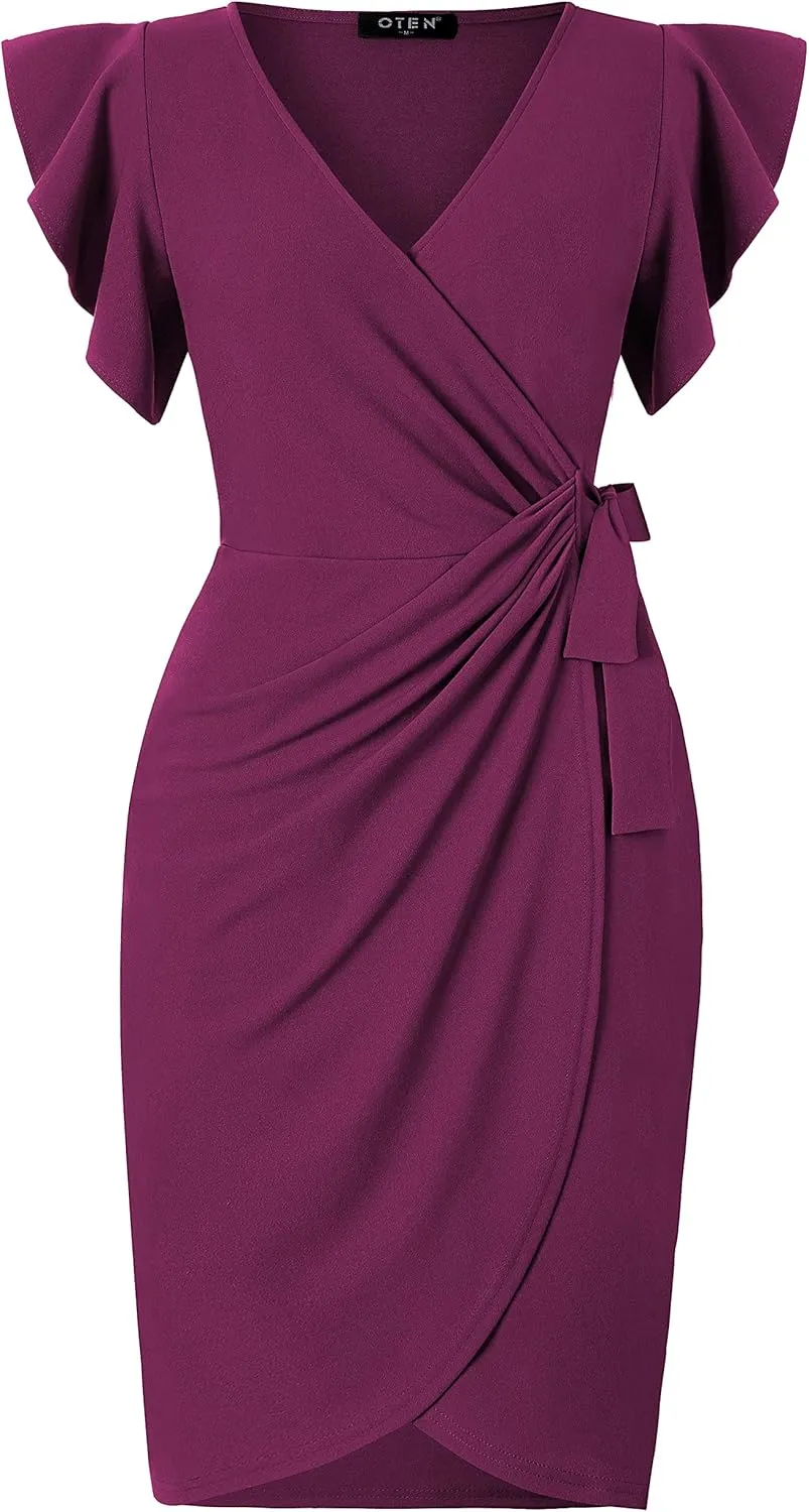 oten Womens Deep V Neck Ruffle Sleeve Sheath Casual Cocktail Party Work Faux Wrap Dress