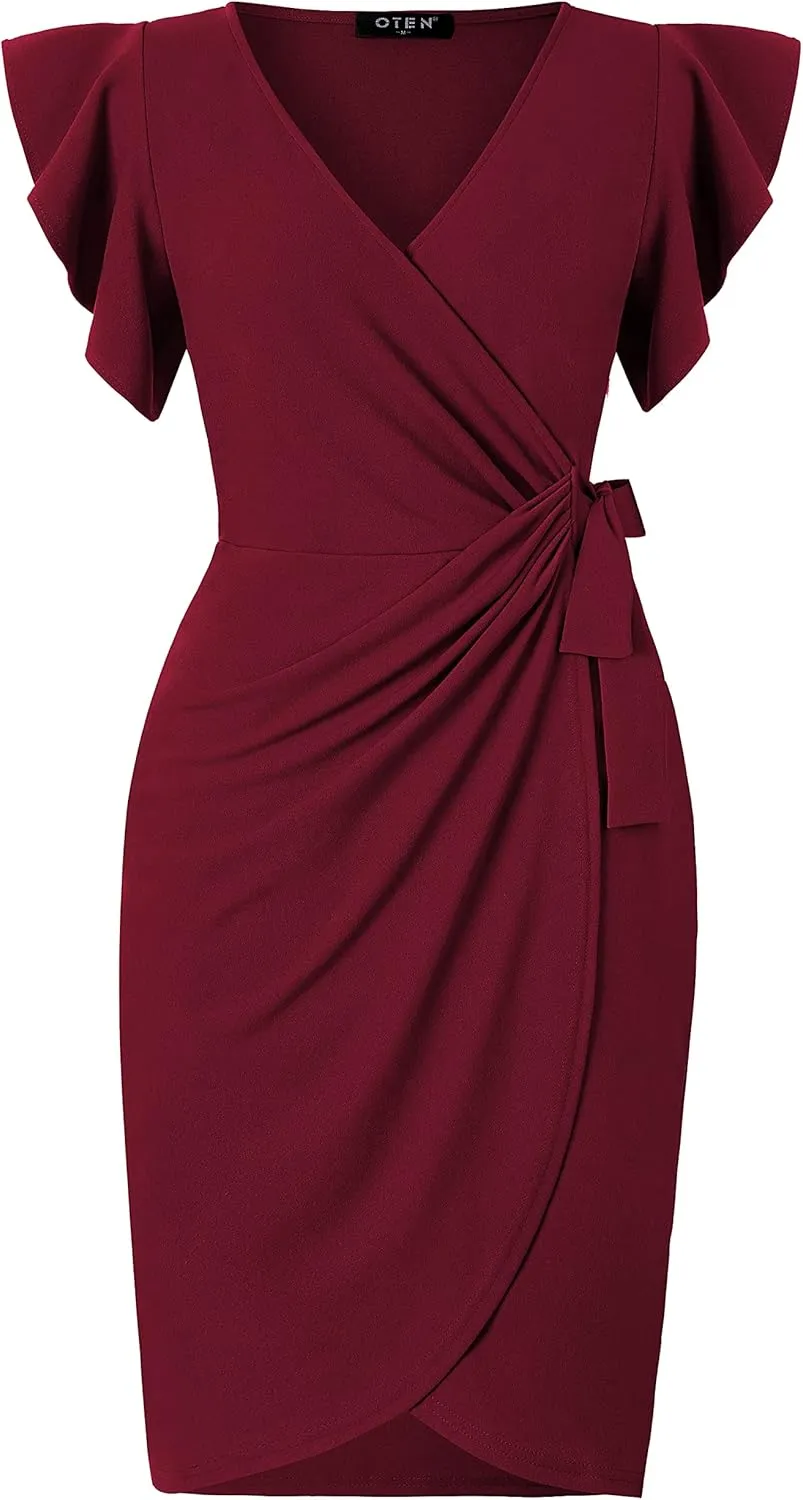 oten Womens Deep V Neck Ruffle Sleeve Sheath Casual Cocktail Party Work Faux Wrap Dress