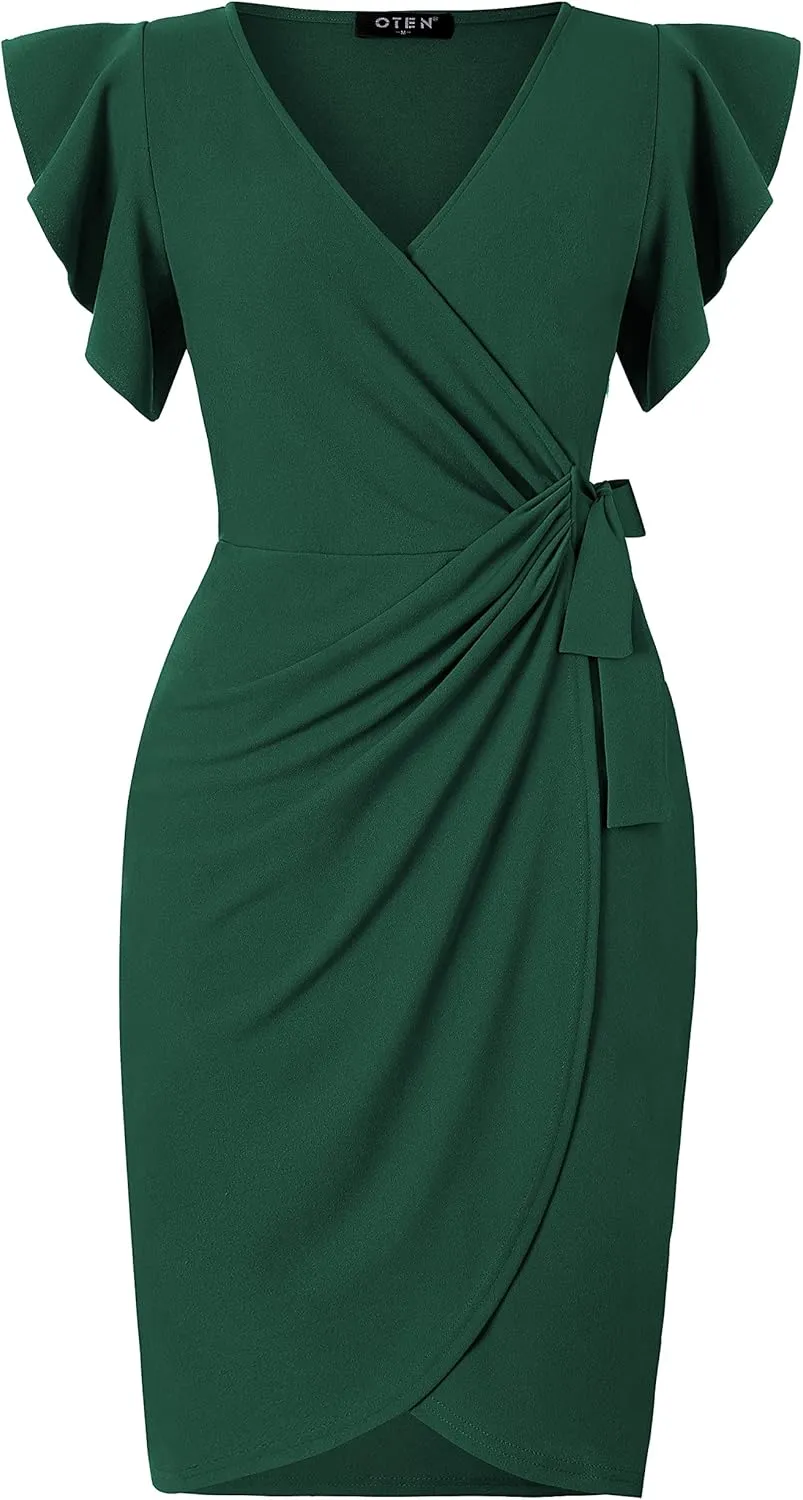oten Womens Deep V Neck Ruffle Sleeve Sheath Casual Cocktail Party Work Faux Wrap Dress