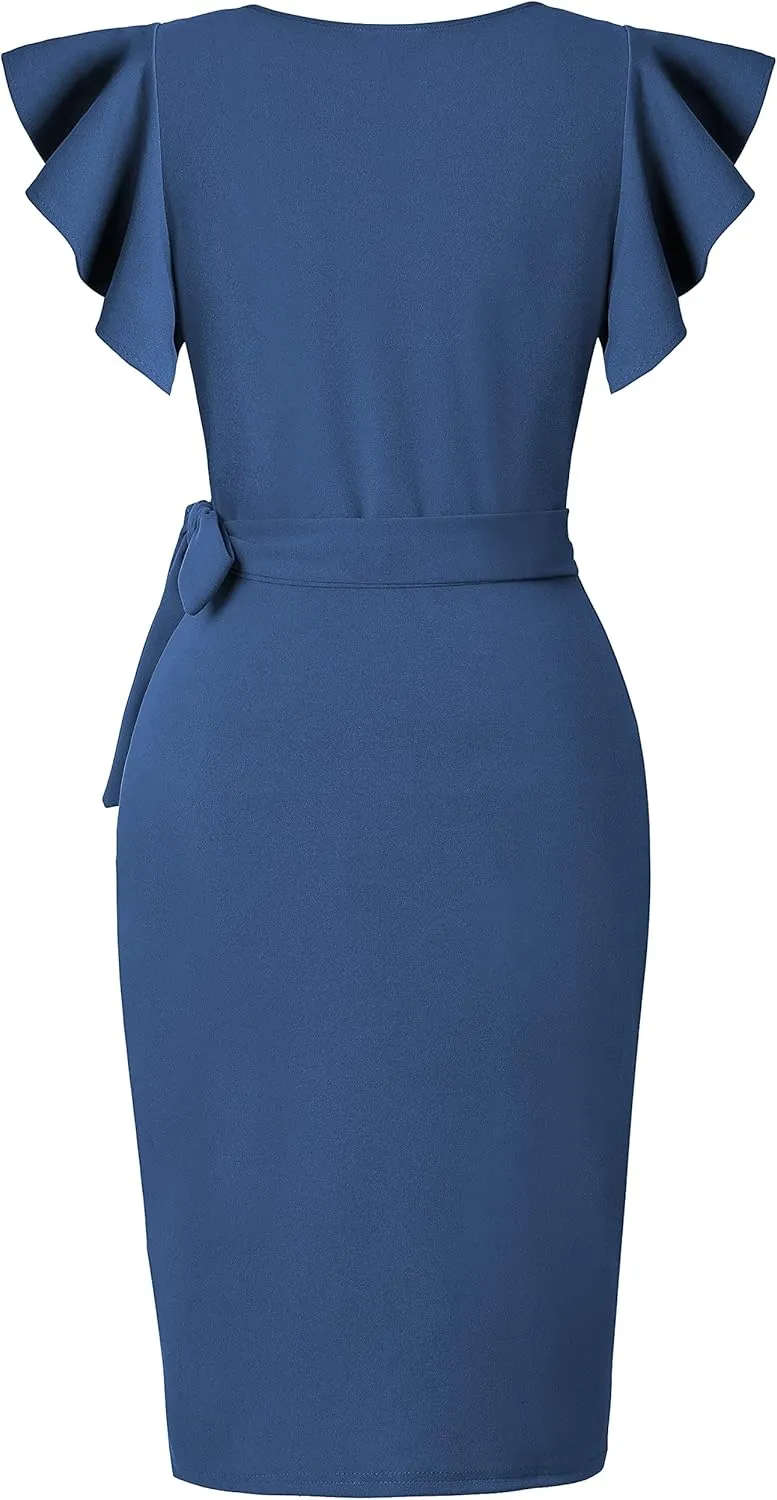 oten Womens Deep V Neck Ruffle Sleeve Sheath Casual Cocktail Party Work Faux Wrap Dress