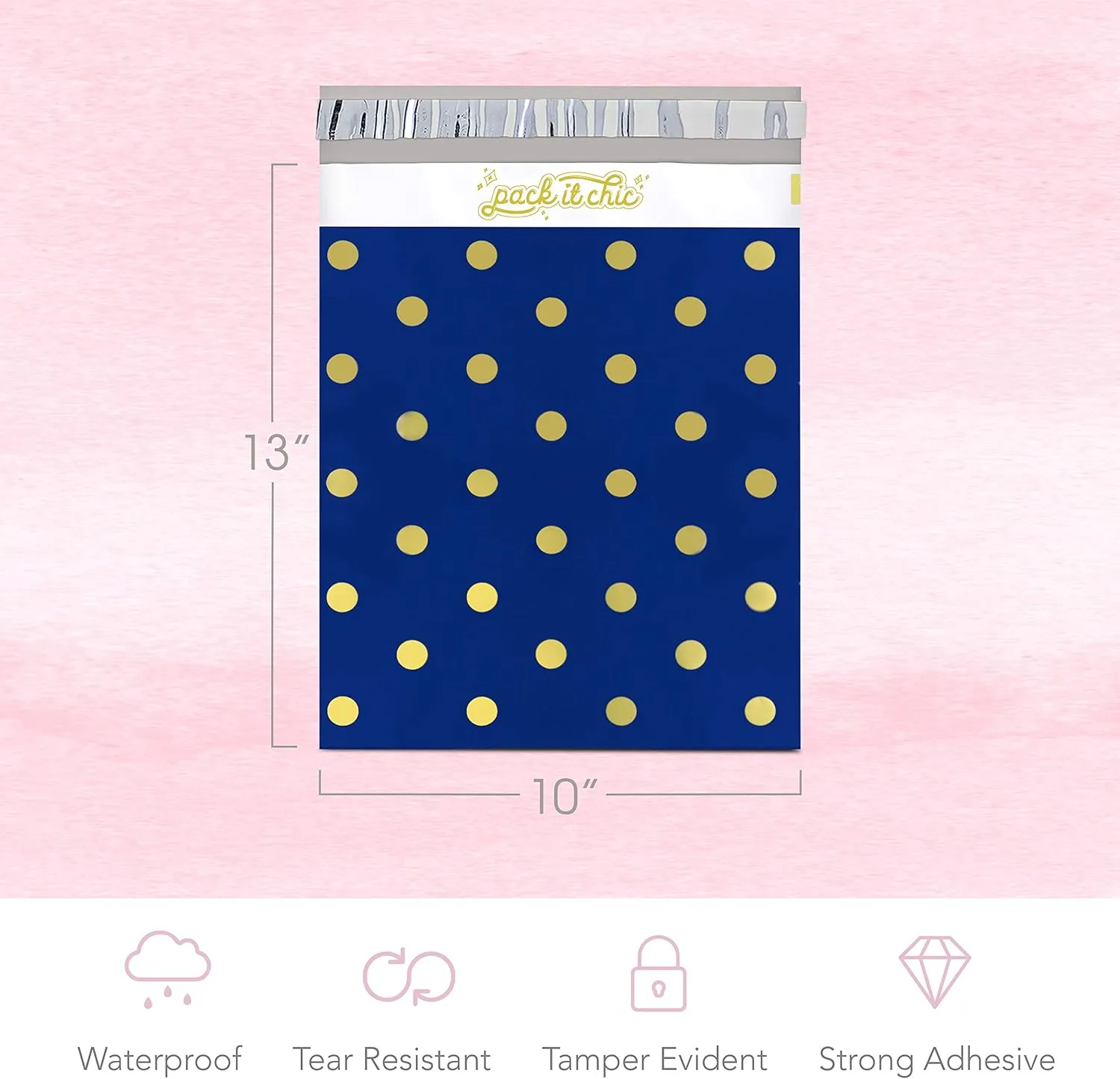 Pack It Chic - 10X13 (100 Pack) Navy Polka Dot - Thank You Poly Mailer Envelope Plastic Custom Mailing & Shipping Bags - Self Seal