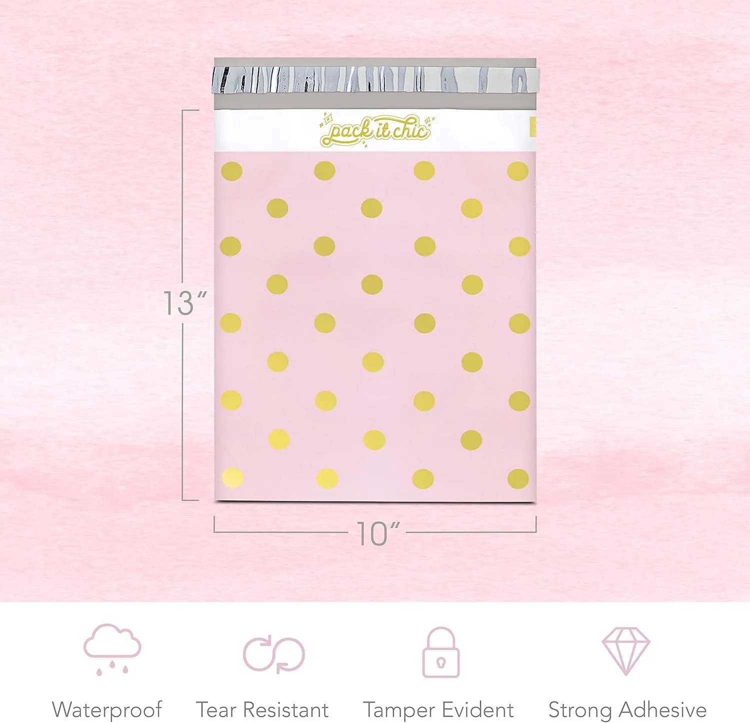 Pack It Chic - 10X13 (100 Pack) Pink Polka Dot - Thank You Poly Mailer Envelope Plastic Custom Mailing & Shipping Bags - Self Seal