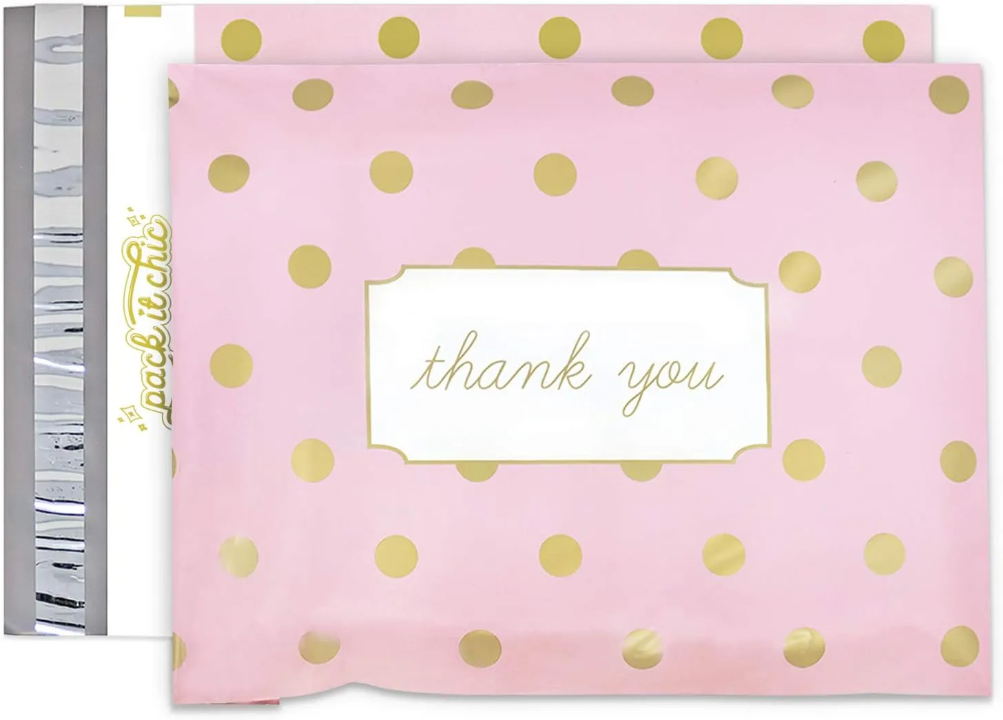 Pack It Chic - 10X13 (100 Pack) Pink Polka Dot - Thank You Poly Mailer Envelope Plastic Custom Mailing & Shipping Bags - Self Seal