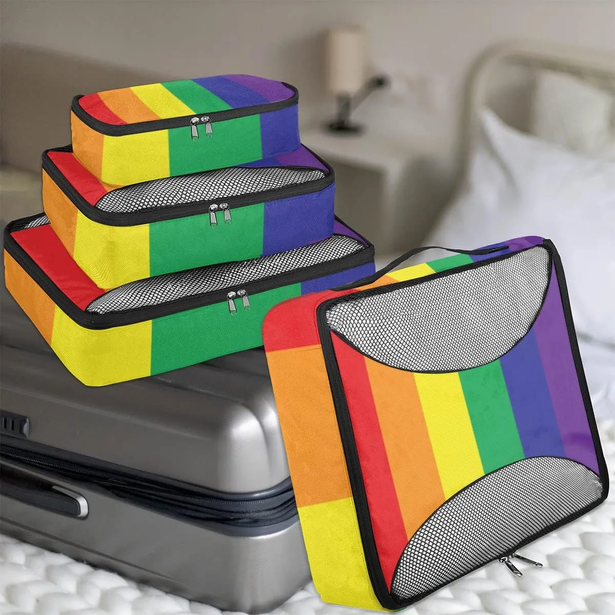 Packing Cubes 4 Pack Lgbt Pride Rainbow Stripe Travel Packing Bags Individual Carry on Suitcases Underwear Luggage Mesh Organizer Packing Cubes Set for Travel Bag Backpack