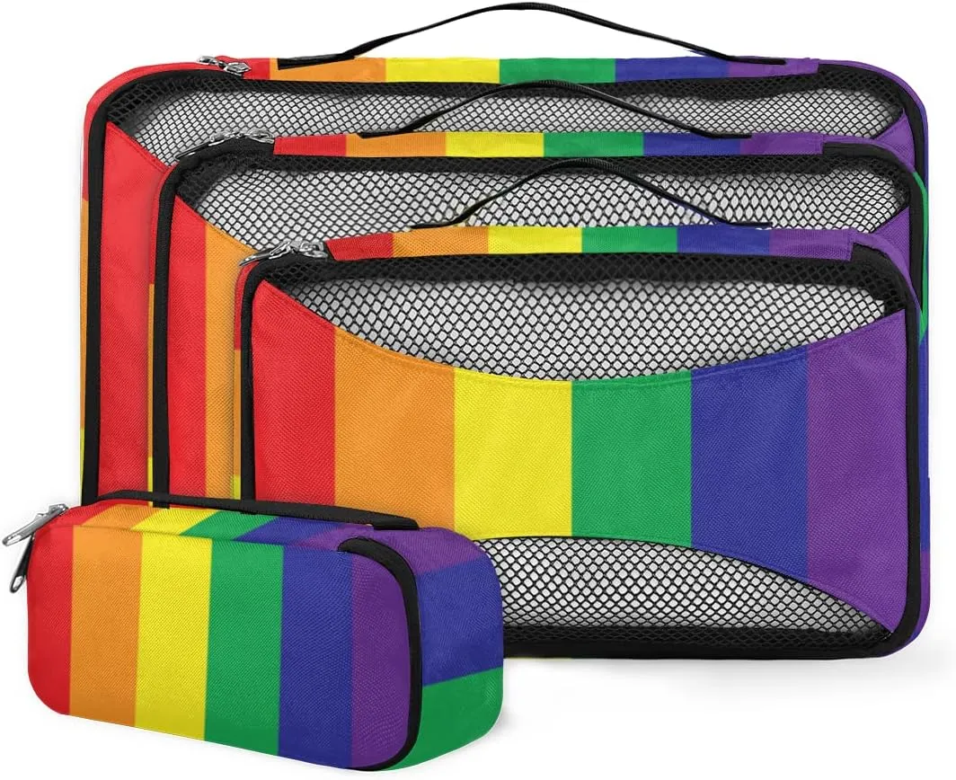 Packing Cubes 4 Pack Lgbt Pride Rainbow Stripe Travel Packing Bags Individual Carry on Suitcases Underwear Luggage Mesh Organizer Packing Cubes Set for Travel Bag Backpack