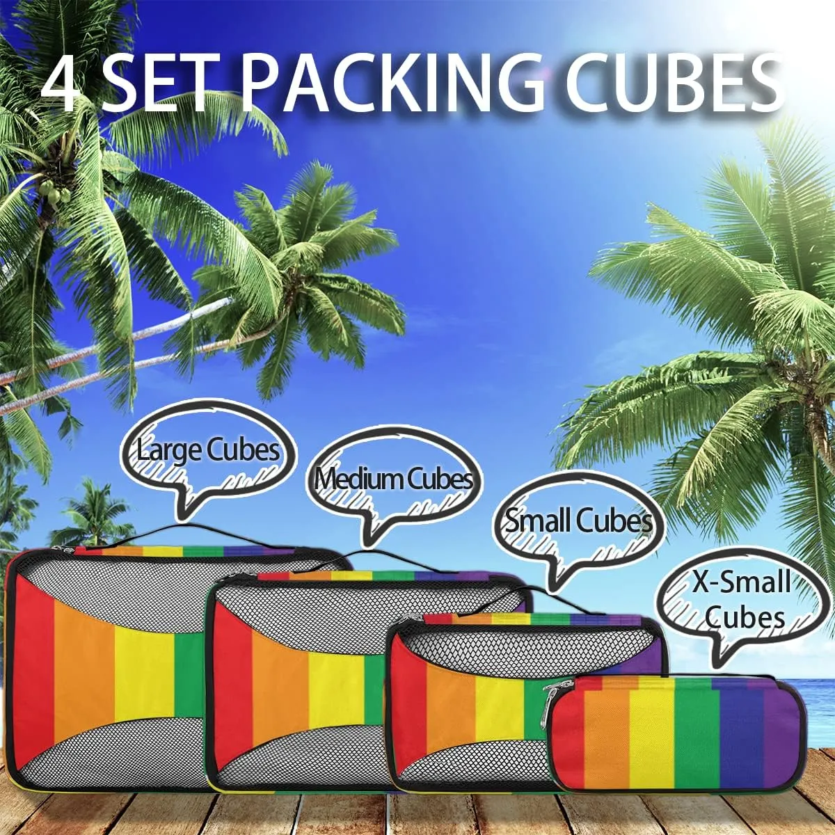 Packing Cubes 4 Pack Lgbt Pride Rainbow Stripe Travel Packing Bags Individual Carry on Suitcases Underwear Luggage Mesh Organizer Packing Cubes Set for Travel Bag Backpack