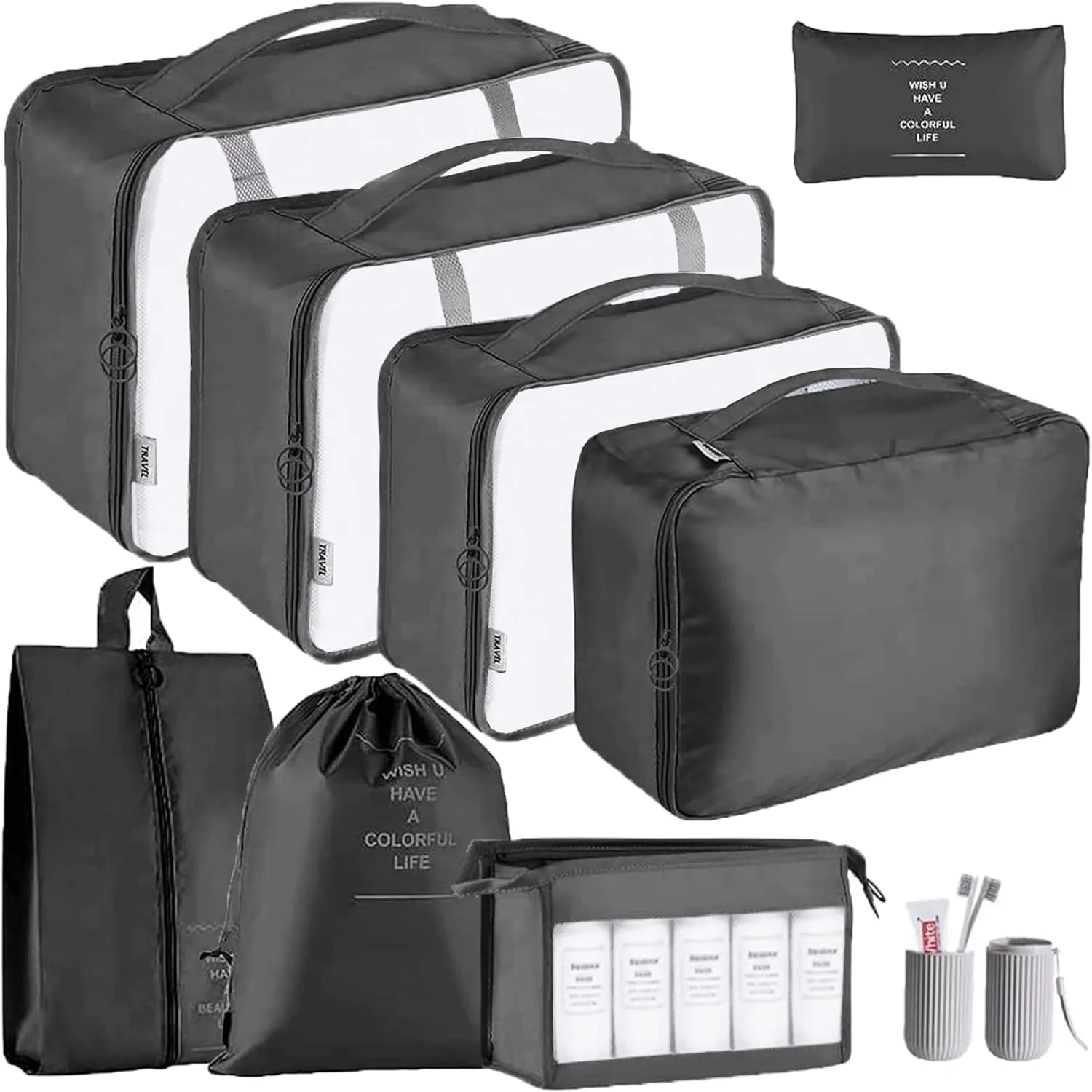 Packing Cubes - 9 PCS Travel Luggage Organizers Set Waterproof Suitcase Organizer Bags Clothes Shoes Cosmetics Toiletries Storage Bags(Black)