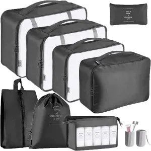 Packing Cubes - 9 PCS Travel Luggage Organizers Set Waterproof Suitcase Organizer Bags Clothes Shoes Cosmetics Toiletries Storage Bags(Black)