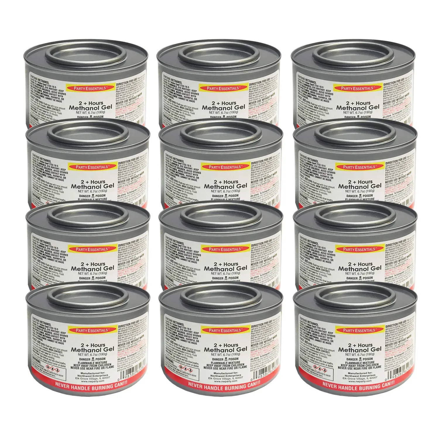 Party Essentials - NW80012 Chafing Dish Jelled Methanol Warming Fuel, Burn for 2.5 Hours/Buffet Warmer/Food Warming Heated Cans (Pack of 12)