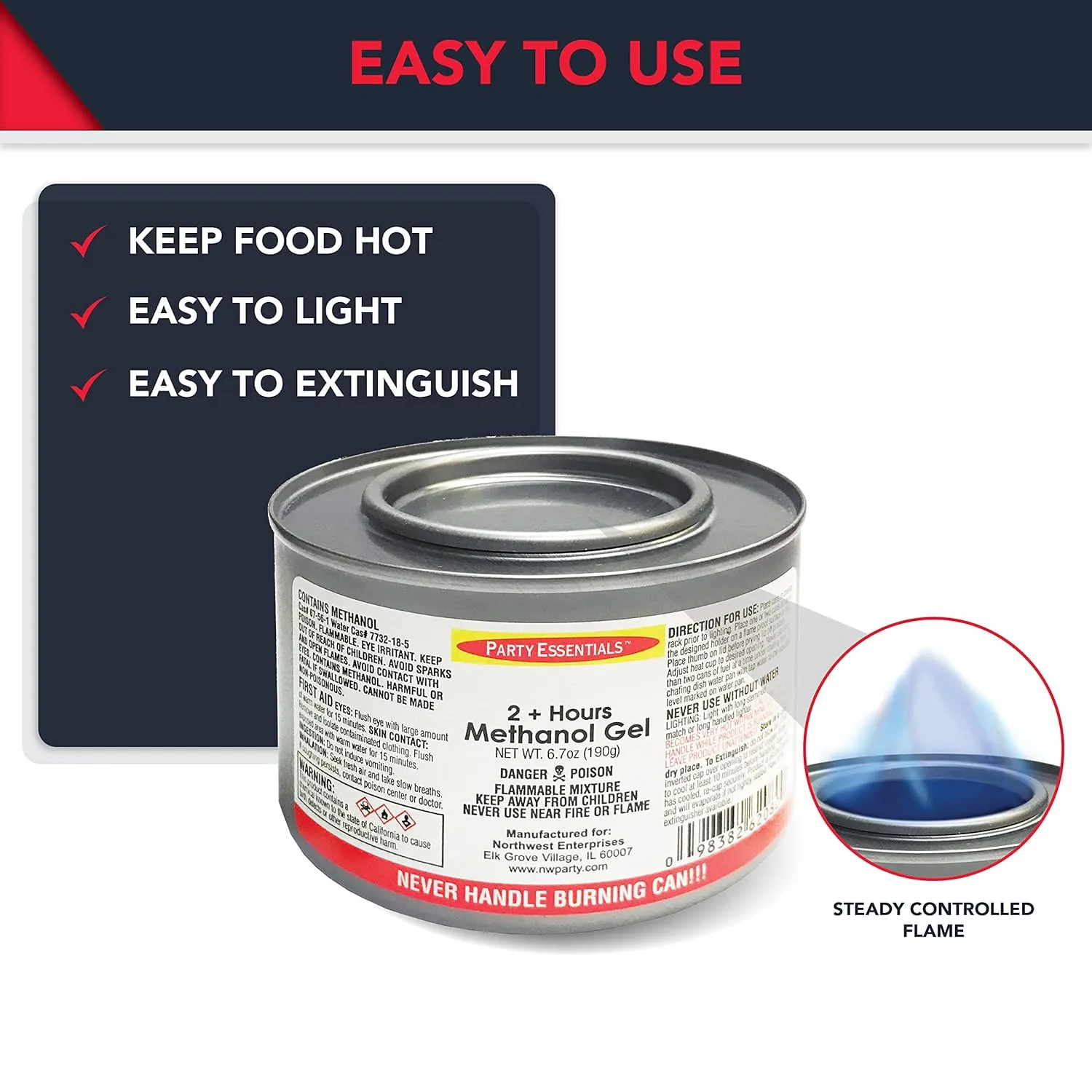 Party Essentials - NW80012 Chafing Dish Jelled Methanol Warming Fuel, Burn for 2.5 Hours/Buffet Warmer/Food Warming Heated Cans (Pack of 12)