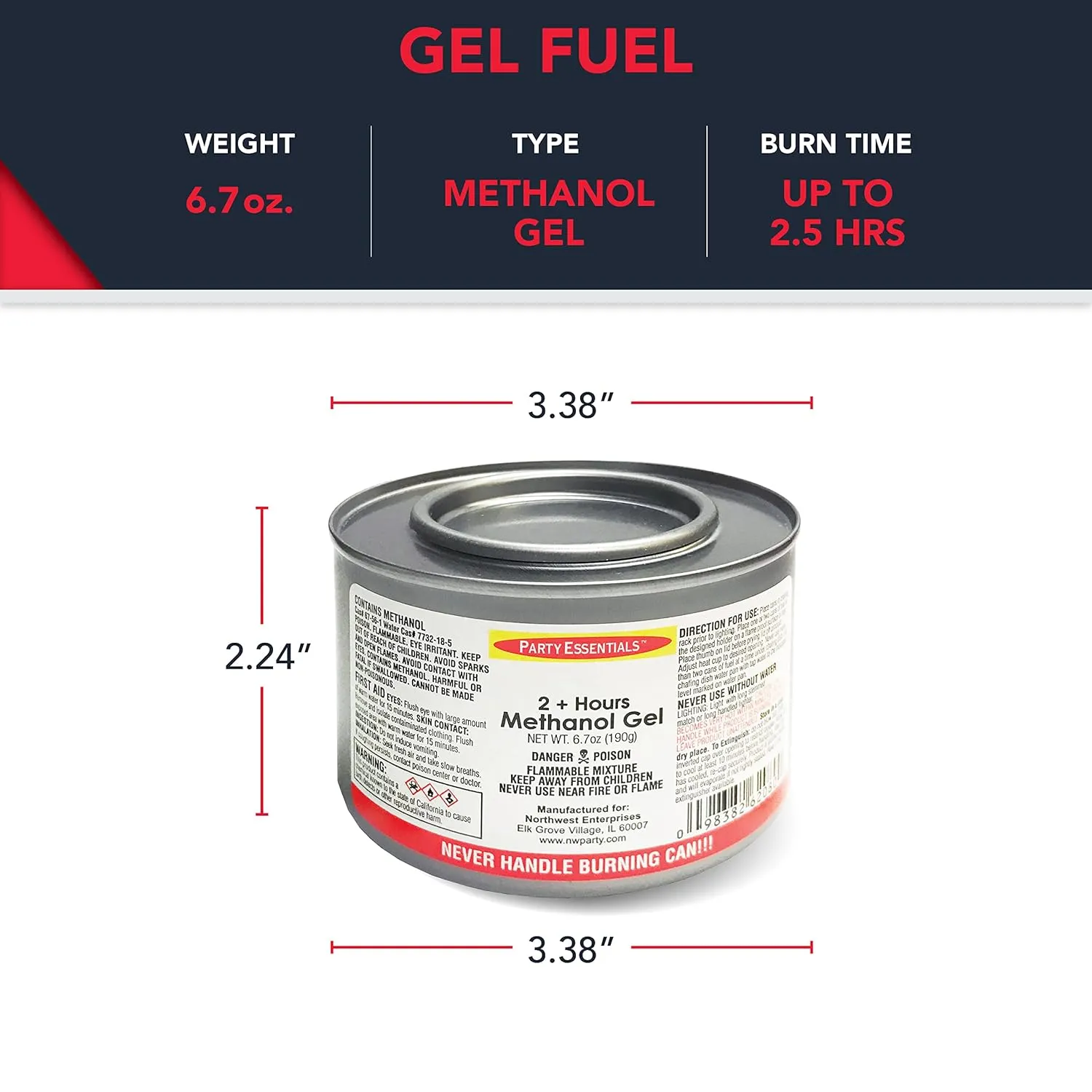 Party Essentials - NW80012 Chafing Dish Jelled Methanol Warming Fuel, Burn for 2.5 Hours/Buffet Warmer/Food Warming Heated Cans (Pack of 12)
