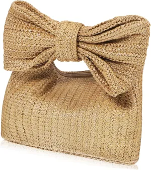 PartyKindom Bow Straw Handbag Chic Summer Beach Clutch Bag Woven Purse for Women Stylish Casual Straw Bag