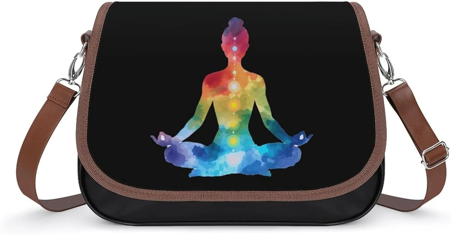 Pastel Chakra Pose Tie Dye Crossbody Bags for Women PU Leather Tote Bag Purse Shoulder Bag for Travel Office