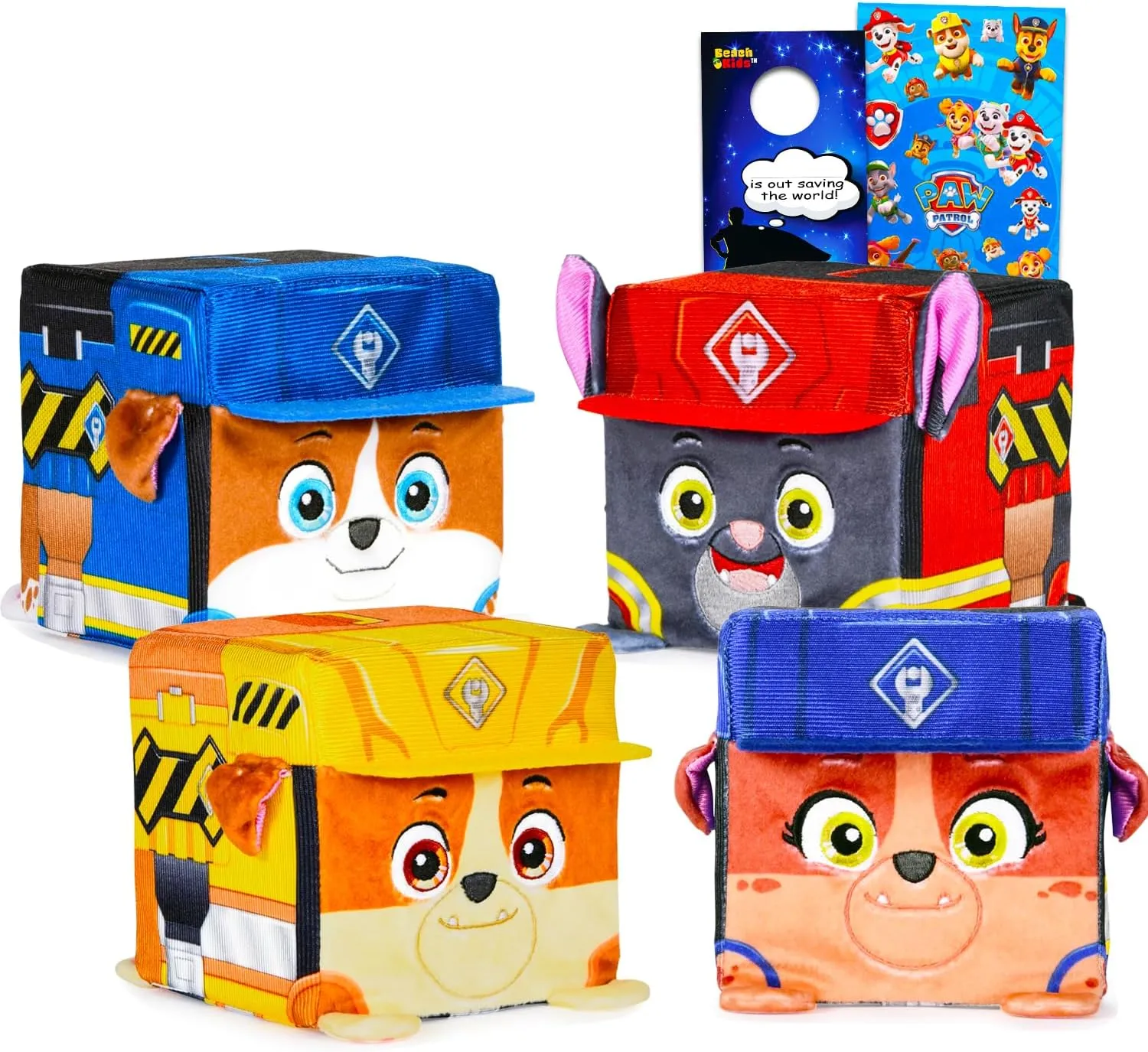 Paw Patrol Rubble and Crew Cube Plush Toy Set - 4 Pack Bundle with 4" Rubble, Charger, Mix, Wheeler Plushies for Kids | Paw Patrol Cube Stuffed Animals for Boys, Girls