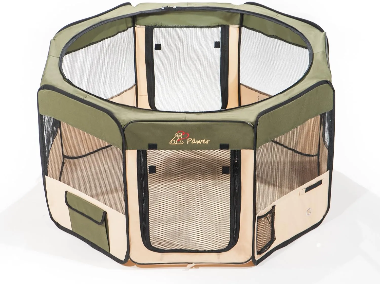 Pawer 45”×24” 8-Panel Foldable Pet Playpen, Olive Beige, Personalize Embroidery Extra Fabric Piece Available, for Cat/Dog/Puppy, 600D Oxford Cloth Portable Indoor & Outdoor Kennel with Carry Bag