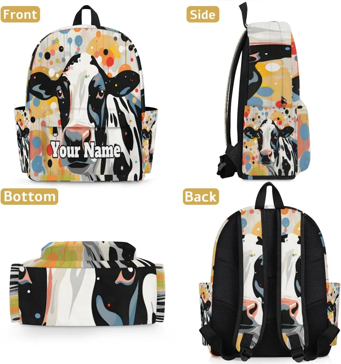 Personalized Animal Cow Preschool Toddler Backpack for Boys Girls Custom Kids Name Small Bookbags Kindergarten Elementary Backpack, Polka Dot
