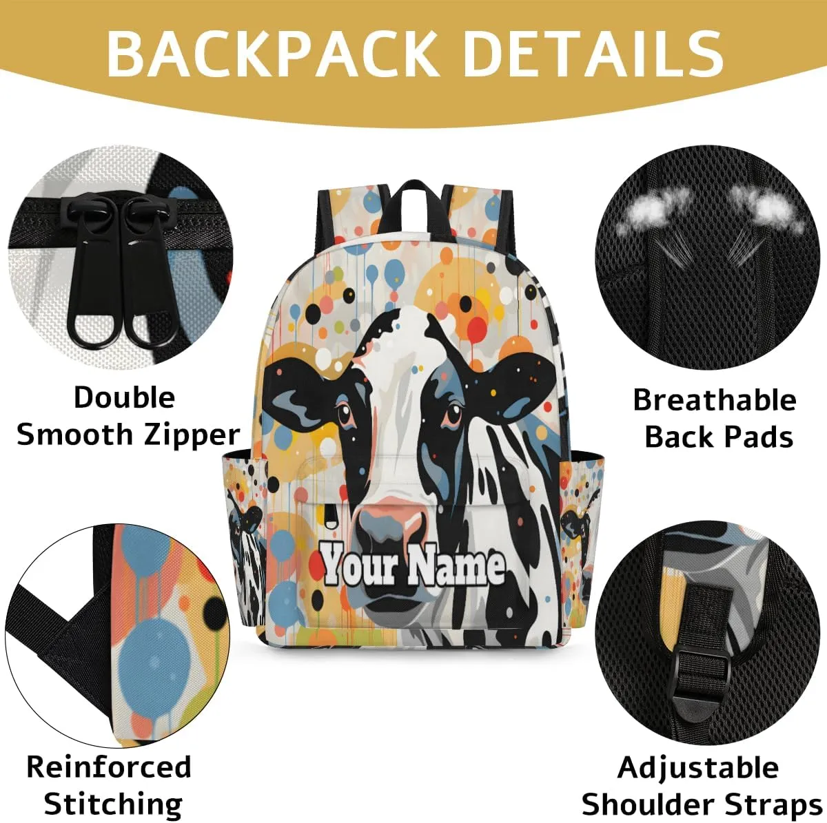 Personalized Animal Cow Preschool Toddler Backpack for Boys Girls Custom Kids Name Small Bookbags Kindergarten Elementary Backpack, Polka Dot