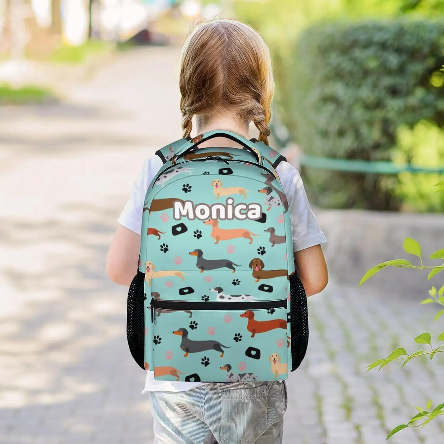 Personalized Kids School Backpack for Boys Girls, 16" Green Backpacks for School, Cute Dachshund Dog Pattern Large Capacity Bookbag for Primary School