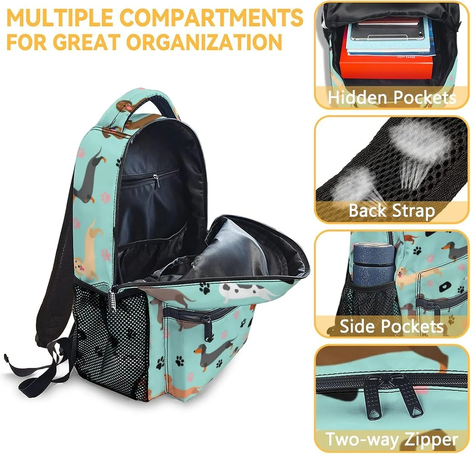 Personalized Kids School Backpack for Boys Girls, 16" Green Backpacks for School, Cute Dachshund Dog Pattern Large Capacity Bookbag for Primary School