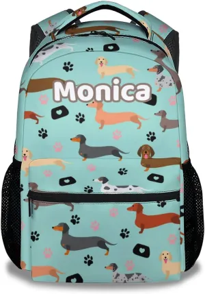 Personalized Kids School Backpack for Boys Girls, 16" Green Backpacks for School, Cute Dachshund Dog Pattern Large Capacity Bookbag for Primary School