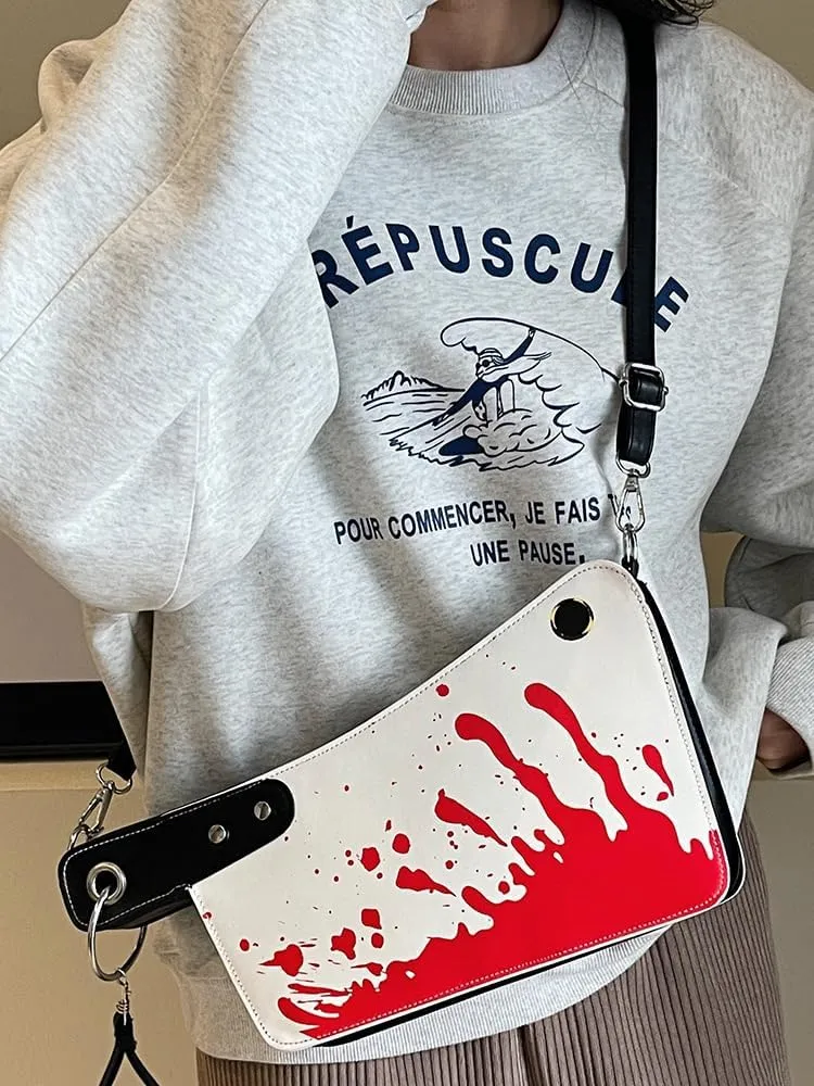 Personalized Satchel, clutch bag, cartoon horror styled crossbody bag with bloody looking machete.