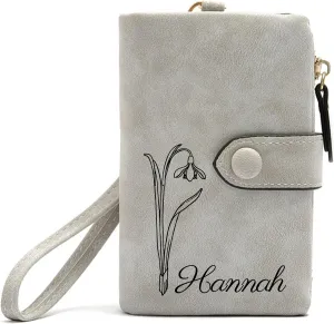 Personalized Wallet Custom Birth Flower & Name, Small Leather Wallet Coin Purse Card Holder for Women Teen Girls Customized Gifts for Birthday Christmas Thanksgiving Anniversary Mothers Day