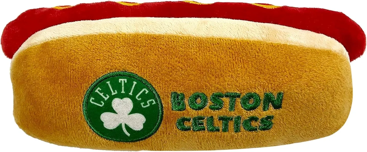 Pets First NBA Boston Celtics HOT Dog Plush Dog & CAT Squeak Toy - Cutest HOT-Dog Snack Plush Toy for Dogs & Cats with Inner Squeaker & Beautiful Basketball Team Name/Logo 8 x 5 x 3 Inches