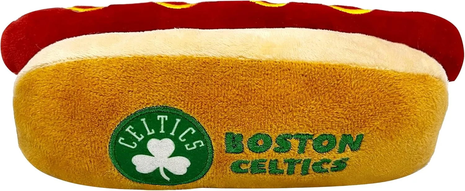 Pets First NBA Boston Celtics HOT Dog Plush Dog & CAT Squeak Toy - Cutest HOT-Dog Snack Plush Toy for Dogs & Cats with Inner Squeaker & Beautiful Basketball Team Name/Logo 8 x 5 x 3 Inches