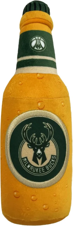Pets First NBA Milwaukee Bucks Beer Bottle Plush Dog & CAT Squeak Toy - Cutest Stadium SODA Bottle Snack Plush Toy for Dogs & Cats with Inner Squeaker & Beautiful Basketball Team Name/Logo