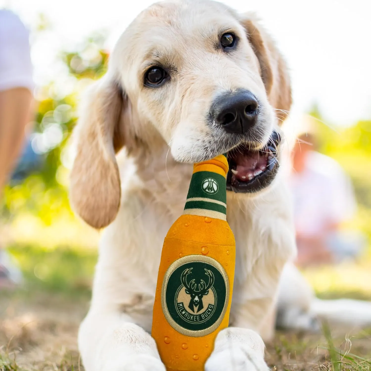 Pets First NBA Milwaukee Bucks Beer Bottle Plush Dog & CAT Squeak Toy - Cutest Stadium SODA Bottle Snack Plush Toy for Dogs & Cats with Inner Squeaker & Beautiful Basketball Team Name/Logo