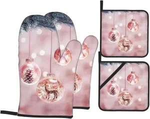 Pink Christmas Ball Print Convenient Oven Mitts Pot Holders Set Duty Heat Resistant Gloves with Quilted Liner