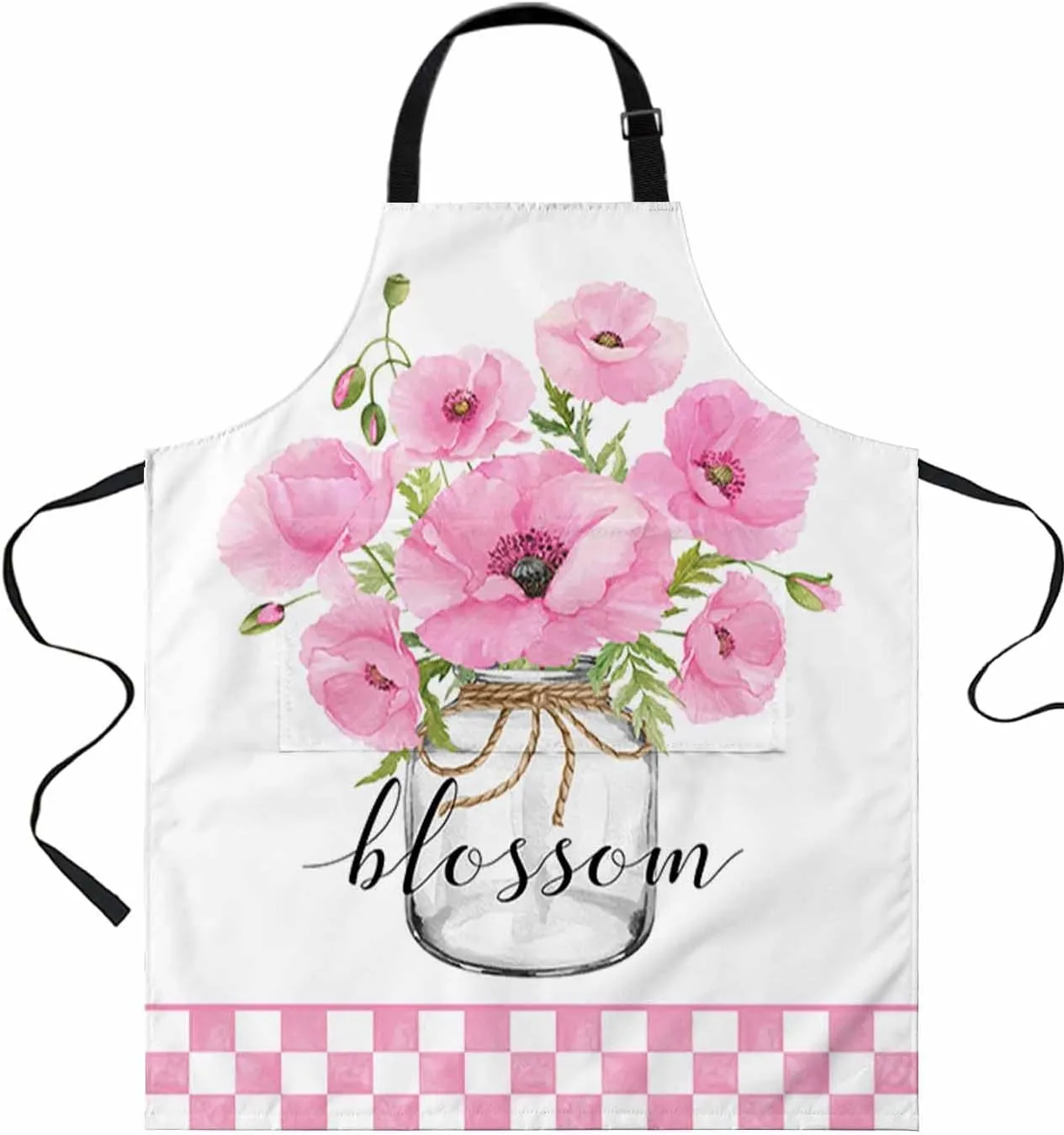 Pink Flower Plaid Waterproof Apron With Pockets,Buffalo White Checkered Bottle Botanical Floral Kitchen Chefs Bib Cooking BBQ Grill Bake Adjustable Aprons for Women Garden Grooming Painting Gardening