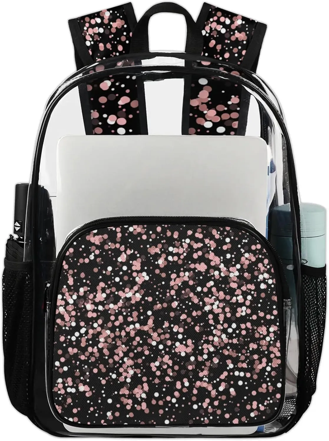Pink Polka Dots Clear Backpack for Women Men, Pink Stars Falling Slowly on Black Background PVC Transparent Backpack Large Clear Bag for Concert Work