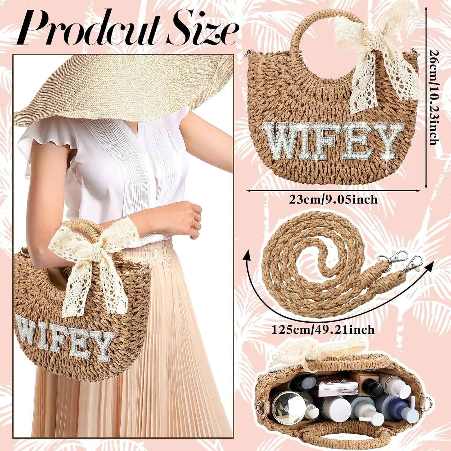 Pinkunn Bride Gift Bride Straw Purse Mrs Handwoven Bag Rhinestone Letter Bag Bachelorette Honeymoon Wedding Bridal Shower