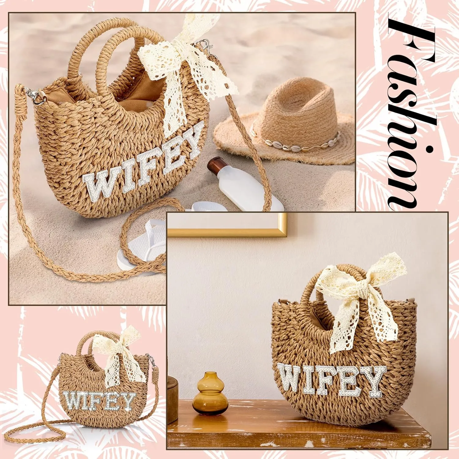 Pinkunn Bride Gift Bride Straw Purse Mrs Handwoven Bag Rhinestone Letter Bag Bachelorette Honeymoon Wedding Bridal Shower