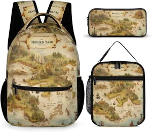 Pirate Treasure Map Backpack Set 3 Pieces Laptop Daypack Insulated Lunch Tote Bag Pencil Case for Work Travel