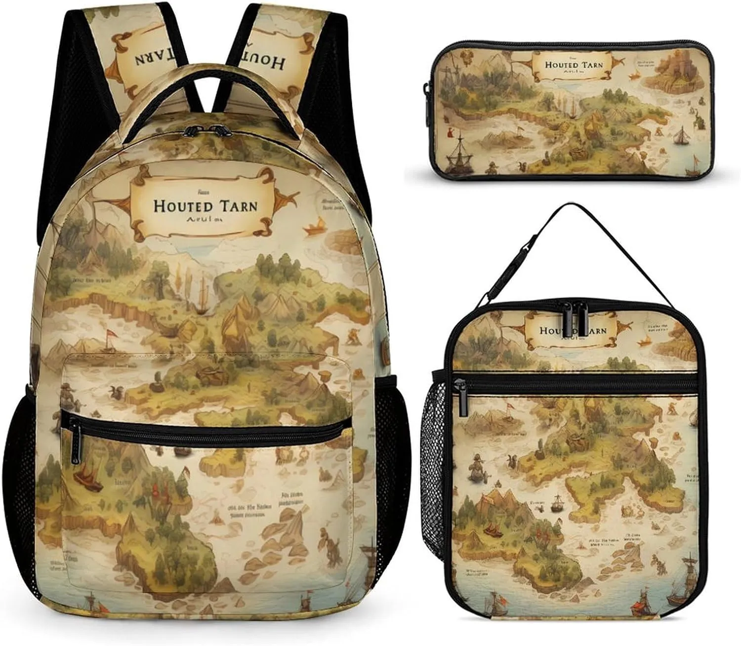 Pirate Treasure Map Backpack Set 3 Pieces Laptop Daypack Insulated Lunch Tote Bag Pencil Case for Work Travel