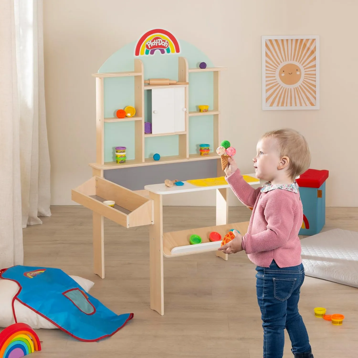 Play-Doh: All-Inclusive Shop - Wooden Creative Shop Stand Set, (12) 1oz Playdoh Containers of Play-Doh, 3pc Wooden Tools, 3D Silicone Mat, Kids Age 3 