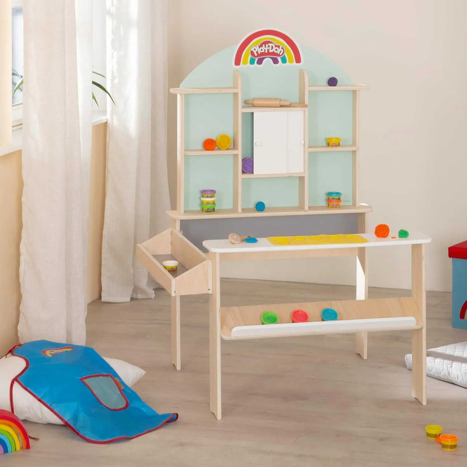 Play-Doh: All-Inclusive Shop - Wooden Creative Shop Stand Set, (12) 1oz Playdoh Containers of Play-Doh, 3pc Wooden Tools, 3D Silicone Mat, Kids Age 3 