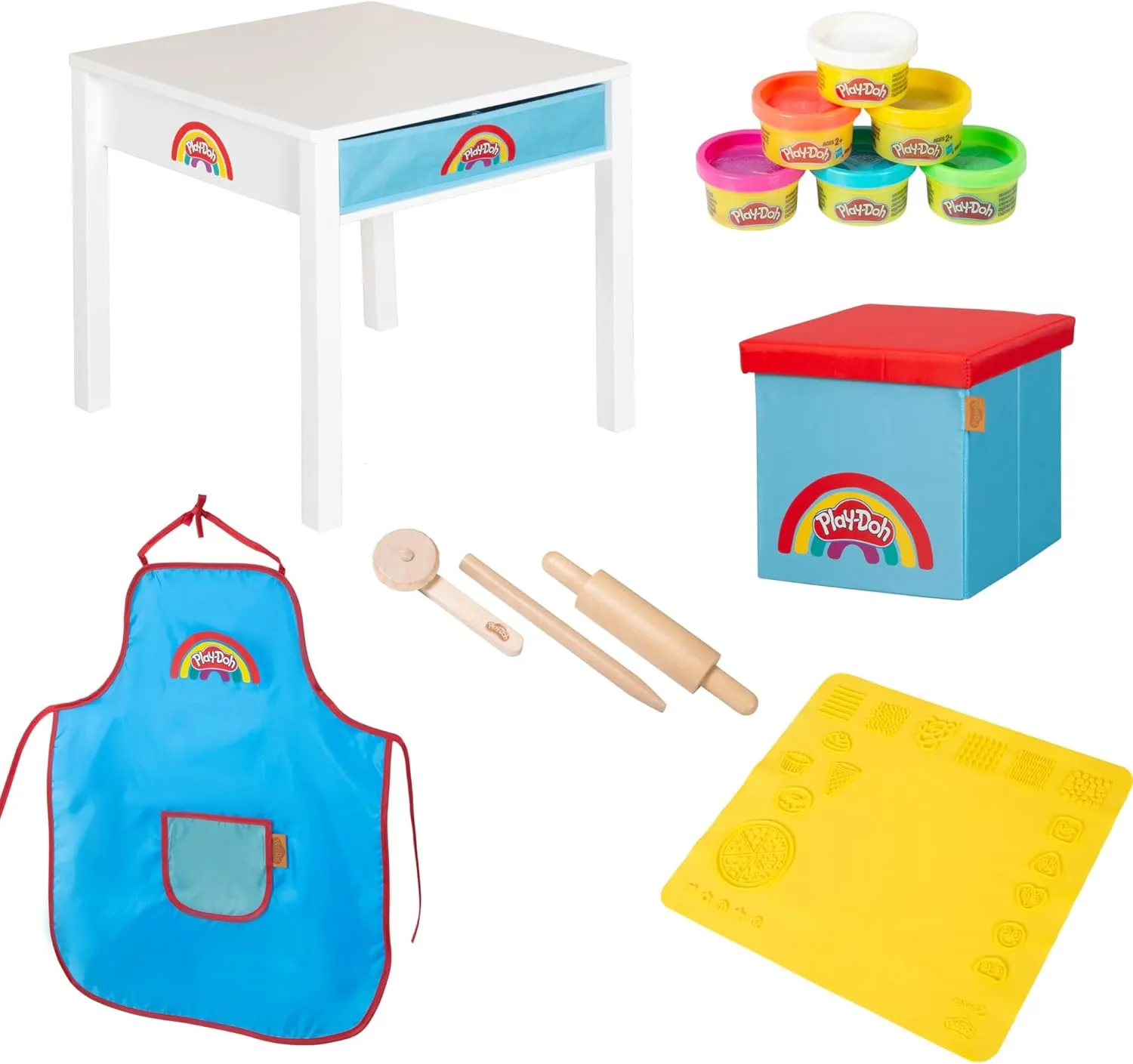 Play-Doh: Creative Craft Table - All-in-1 Art Station, Wooden Desk & Ottoman, Storage Boxes, (6) 1oz Play-Doh, Apron & Tools, 3D Silicone Mat, Kids 3 