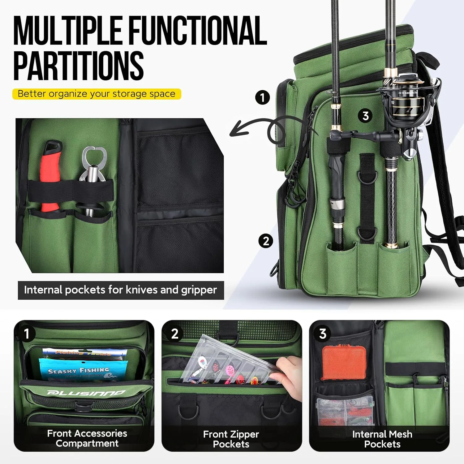 PLUSINNO Fishing Backpack with Rod Holders Tackle Box, 42L Large Water-resistant Fishing Tackle Bag Store Fishing Gear