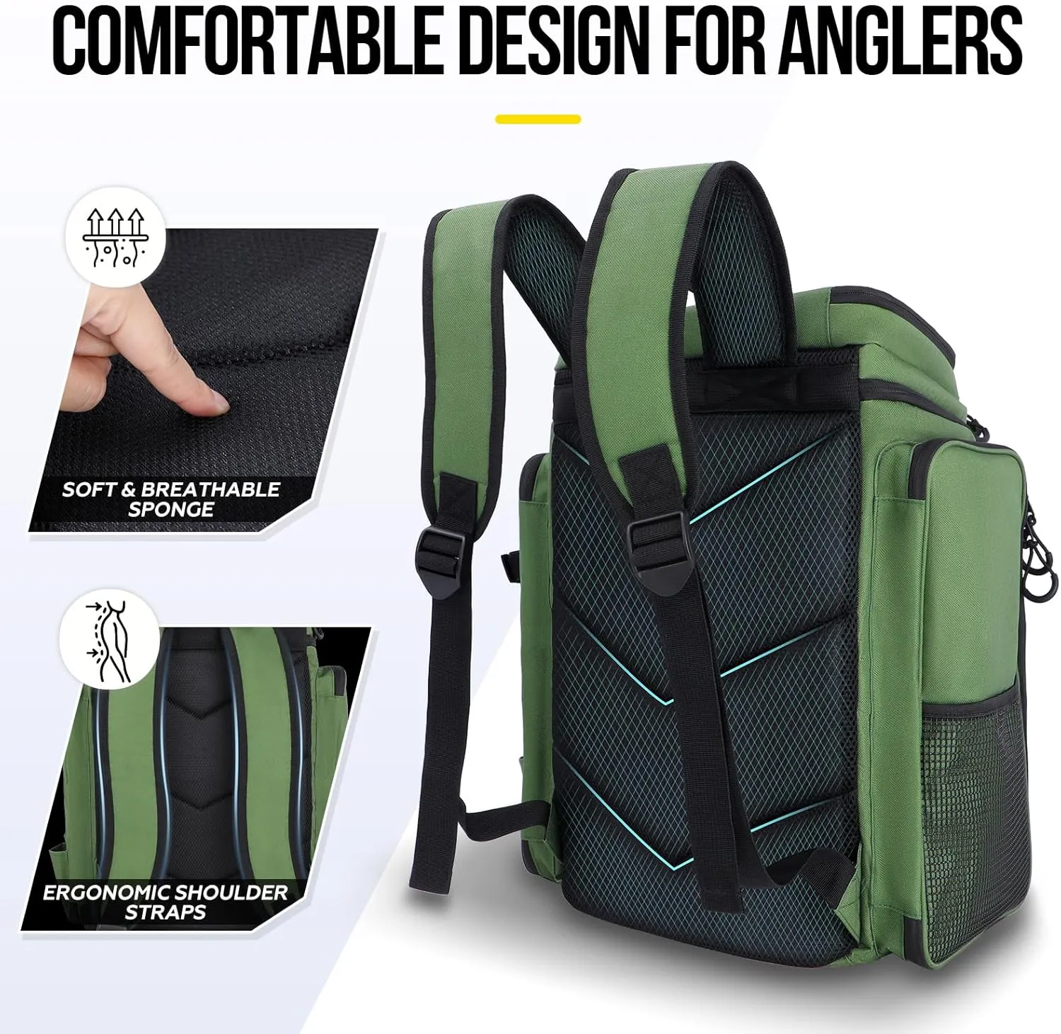 PLUSINNO Fishing Backpack with Rod Holders Tackle Box, 42L Large Water-resistant Fishing Tackle Bag Store Fishing Gear