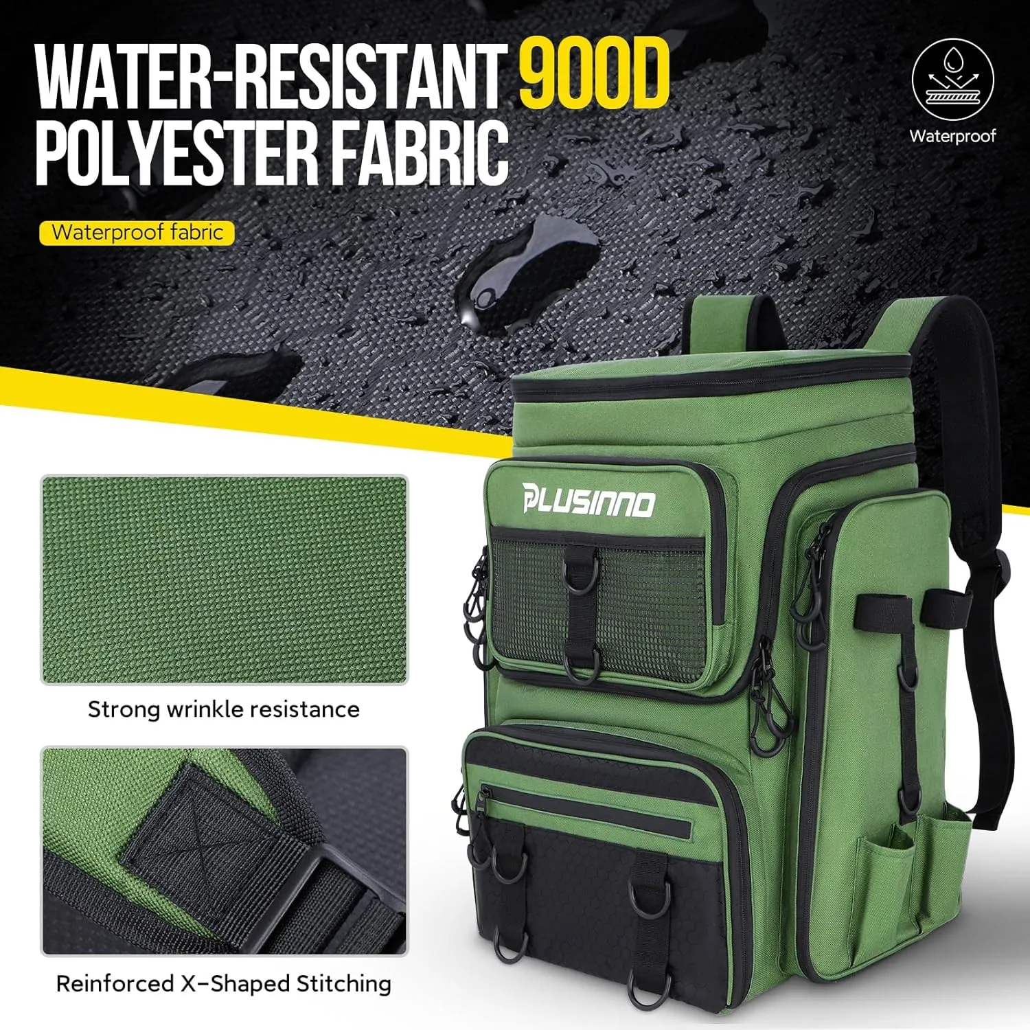 PLUSINNO Fishing Backpack with Rod Holders Tackle Box, 42L Large Water-resistant Fishing Tackle Bag Store Fishing Gear