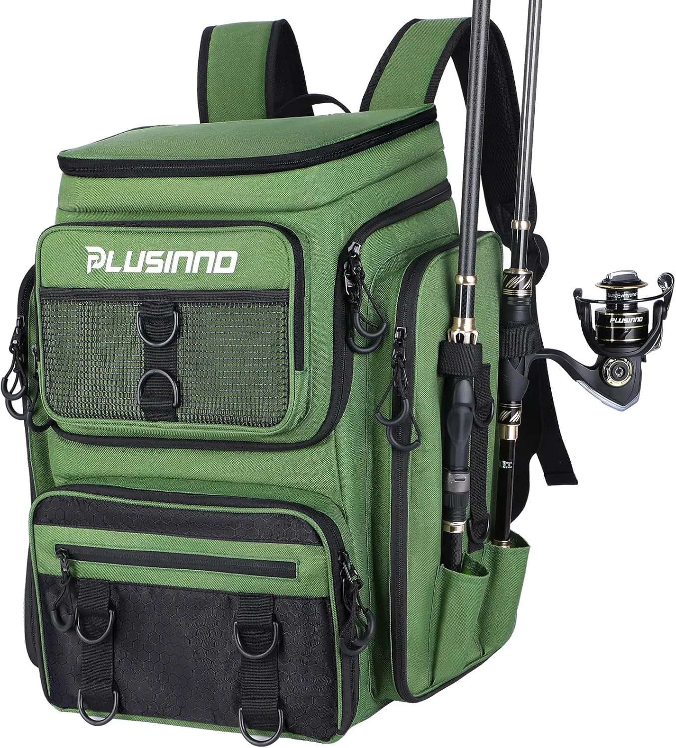 PLUSINNO Fishing Backpack with Rod Holders Tackle Box, 42L Large Water-resistant Fishing Tackle Bag Store Fishing Gear