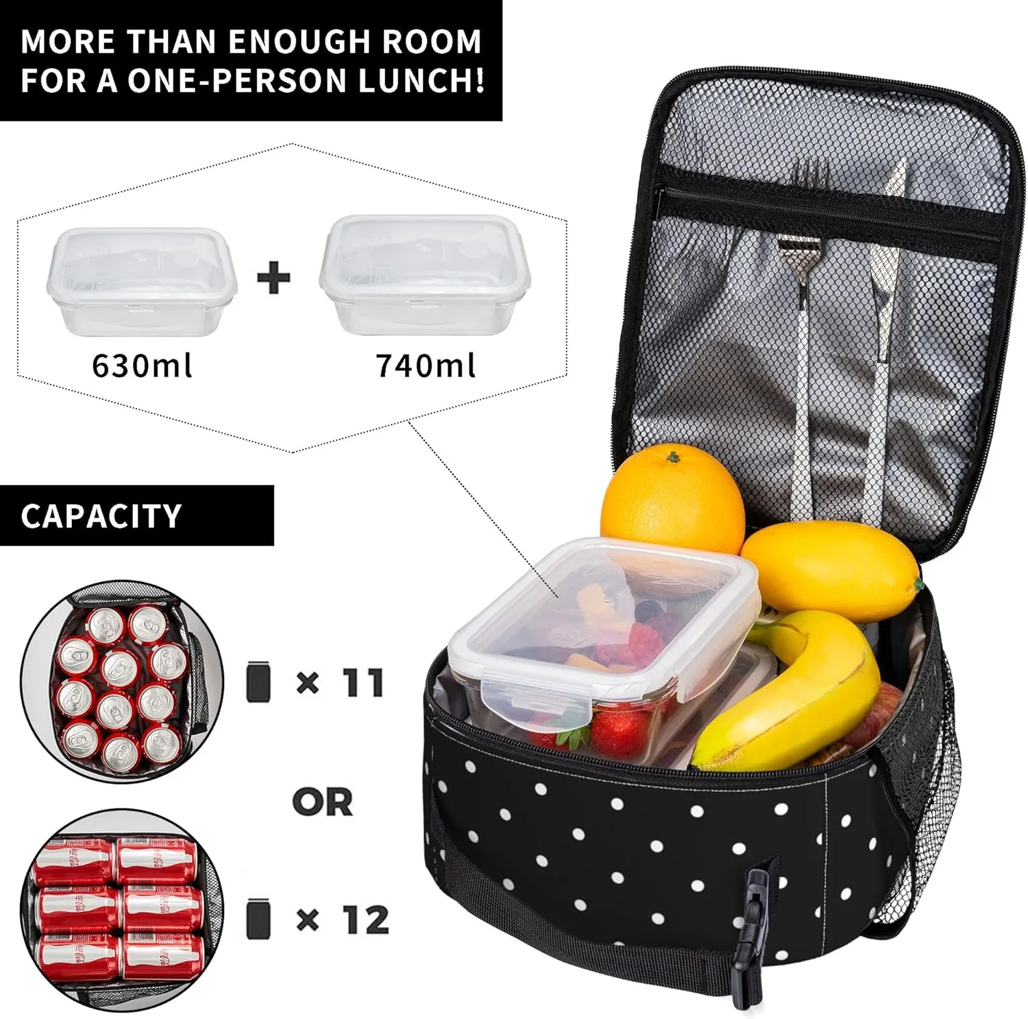 Polkadot Polka Dot Black And White Insulated Lunch Bag Portable Reusable Zipper Lunch Box For Men Women Work Picnic Travel Camping