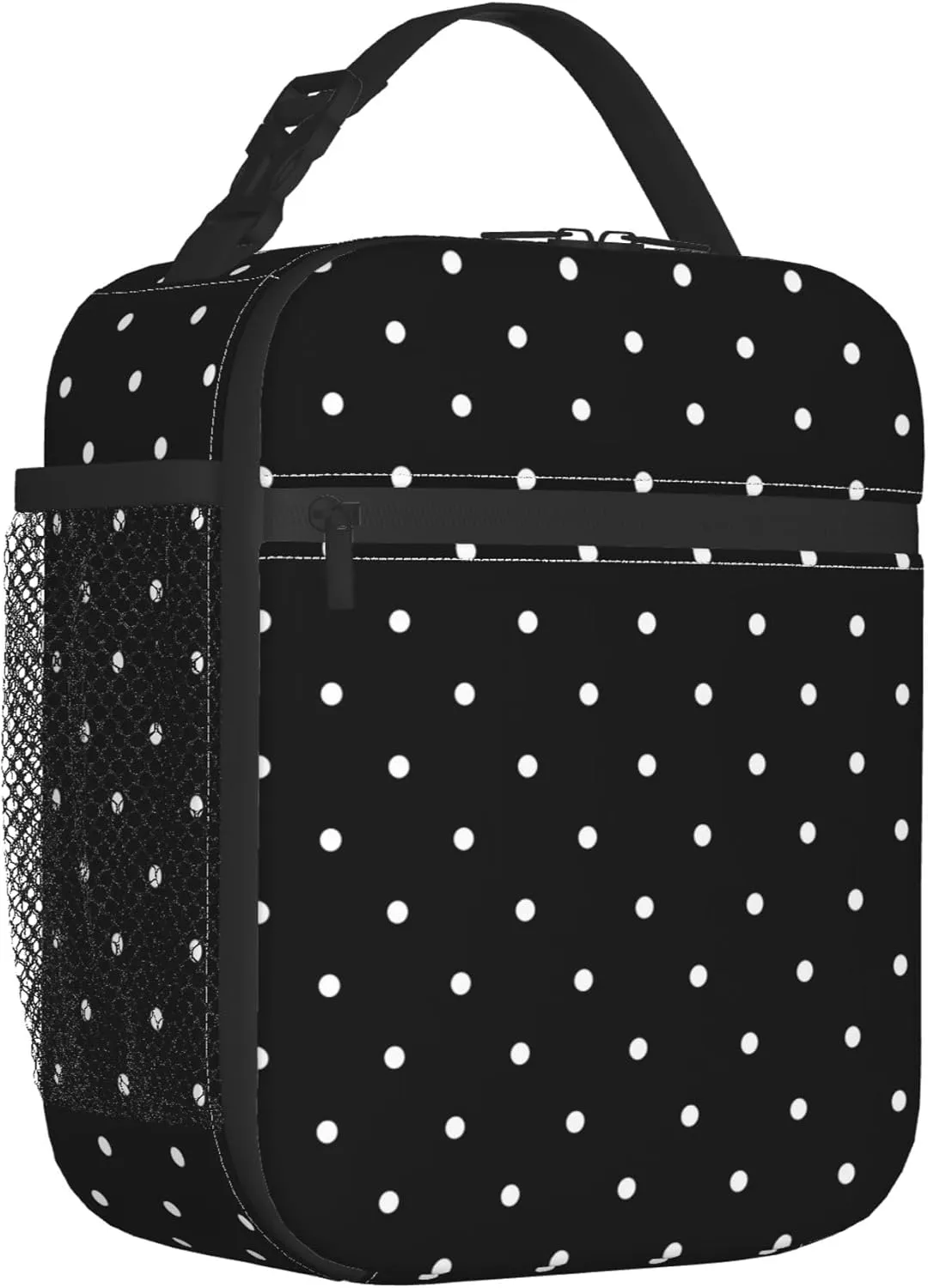 Polkadot Polka Dot Black And White Insulated Lunch Bag Portable Reusable Zipper Lunch Box For Men Women Work Picnic Travel Camping