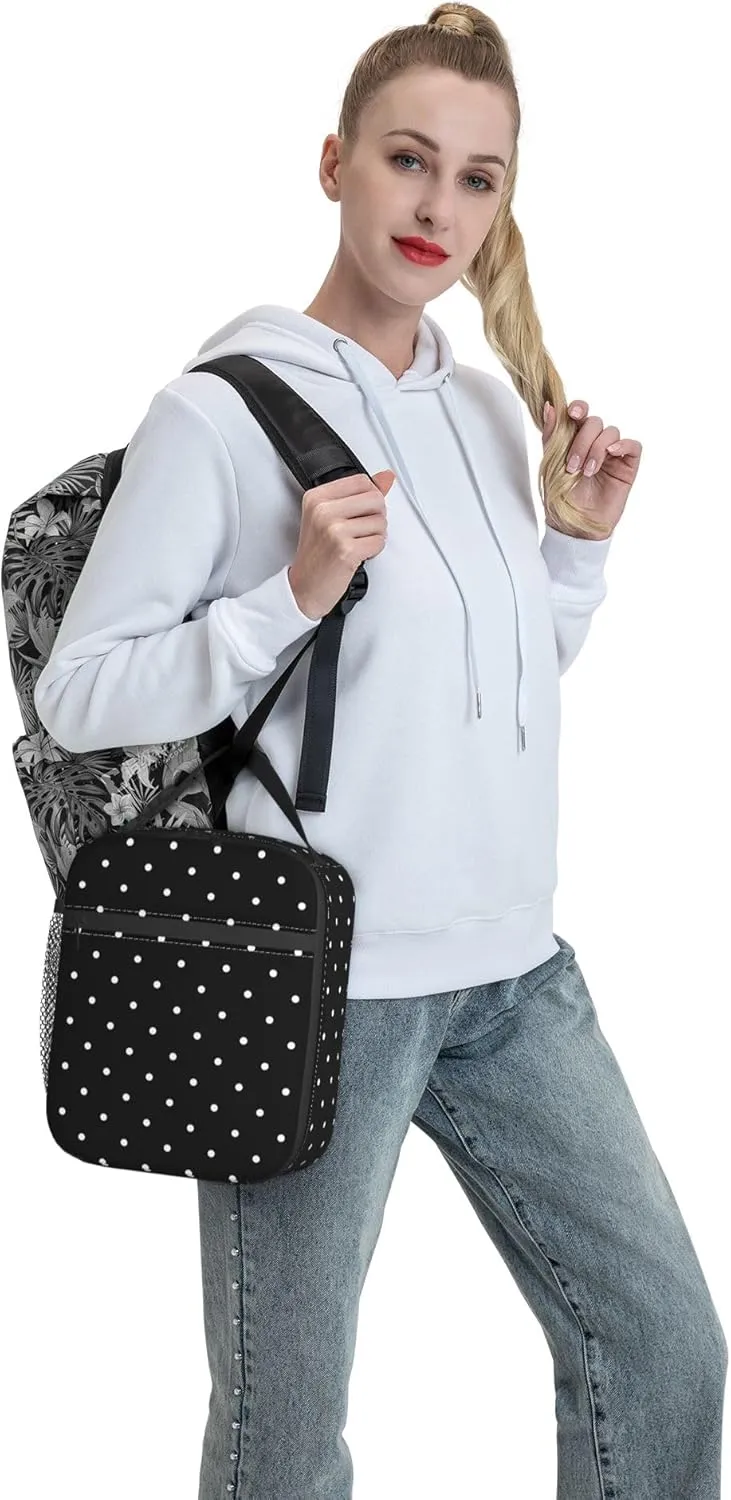 Polkadot Polka Dot Black And White Insulated Lunch Bag Portable Reusable Zipper Lunch Box For Men Women Work Picnic Travel Camping