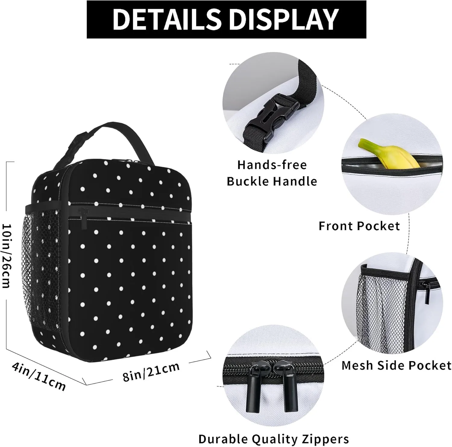 Polkadot Polka Dot Black And White Insulated Lunch Bag Portable Reusable Zipper Lunch Box For Men Women Work Picnic Travel Camping