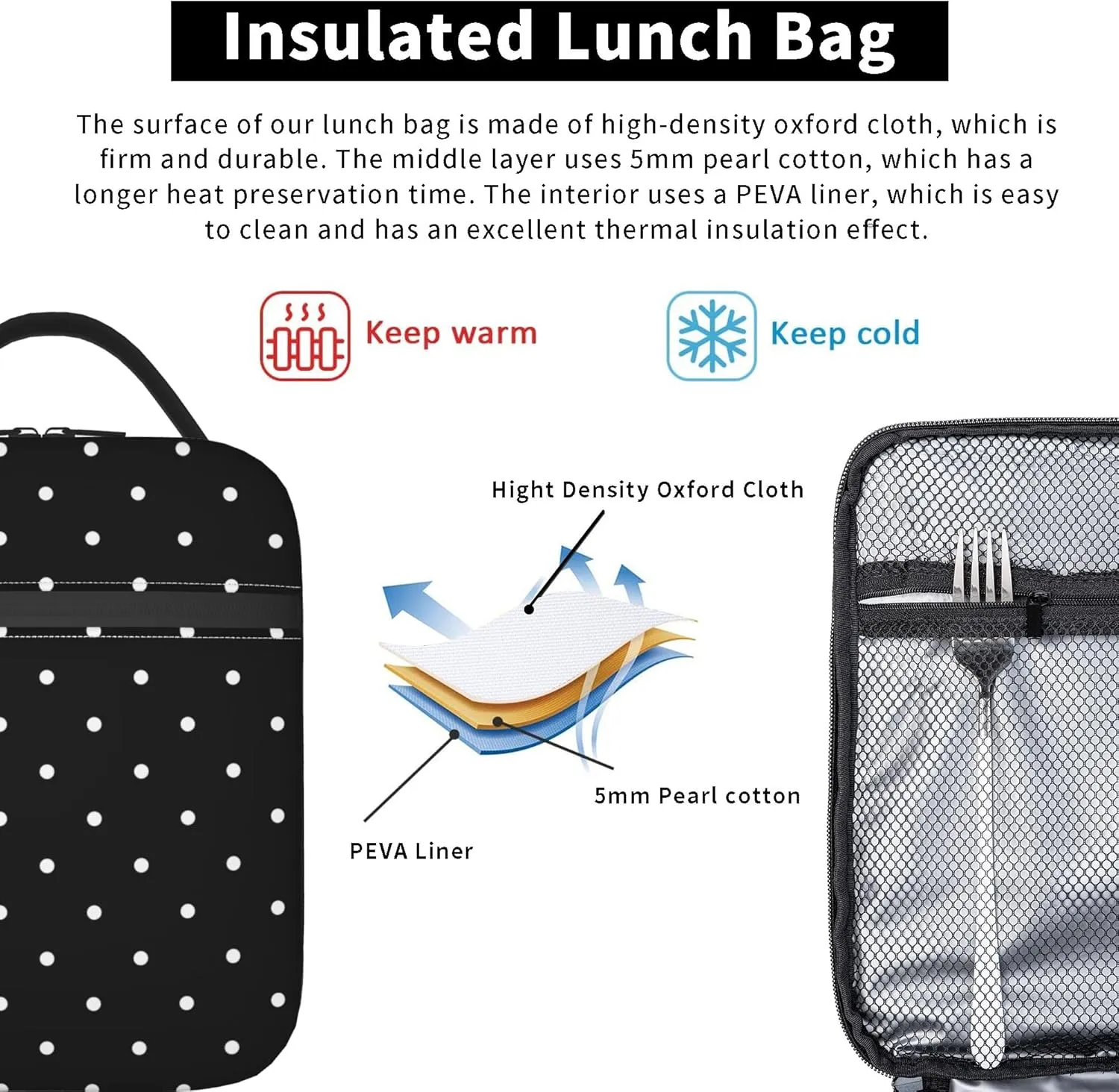 Polkadot Polka Dot Black And White Insulated Lunch Bag Portable Reusable Zipper Lunch Box For Men Women Work Picnic Travel Camping
