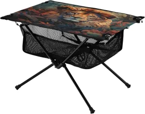 Portable Camping Table Foldable with Mesh Storage Lightweight Compact Camp Tent Side Table for Outside,Camping,Hiking,Tailgating,Lion